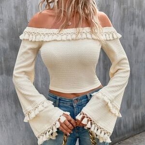 Off Shoulder Fringe Trim Flounce Sleeve Blouse
